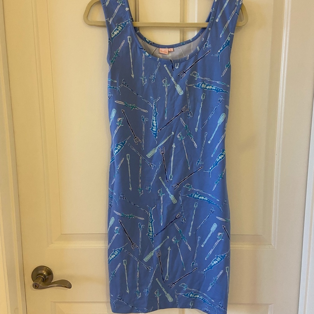 Persifor White and Blue Nautical Fish Print Bodycon Fitting Dress Size Small